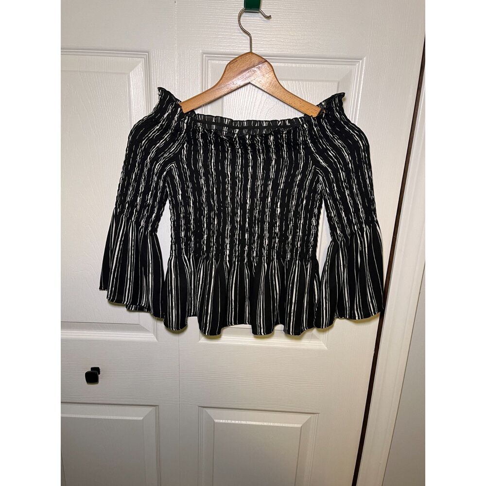 Candie’s Womens Small Off Shoulder Peasant Top Black White Stripe Boho